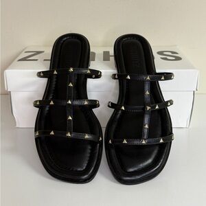 SCHUTZ: Ali Studded Sandal,  Black | Gold Flat, Women's Size 6